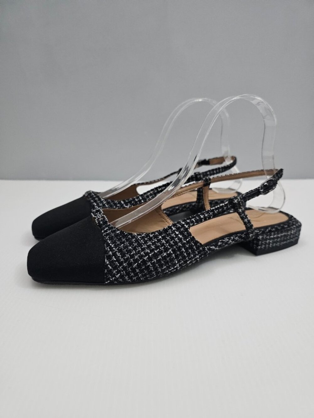 Sam Edelman Kara 2 Slingback Flats Womens 9 Black Boucle Cap Toe Square Toe NEW
